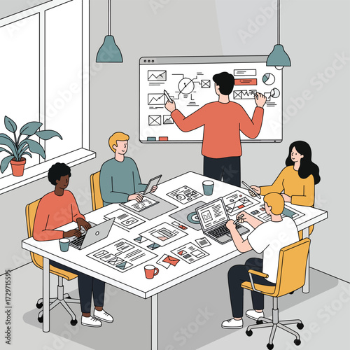 Vector Illustration of Business Meeting Scene with People Using Laptops and Presentation in Modern Office Style