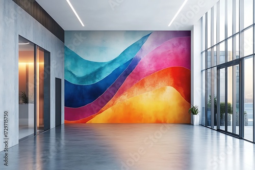 Vibrant abstract colorful wall mural enhances modern interior design lobby space