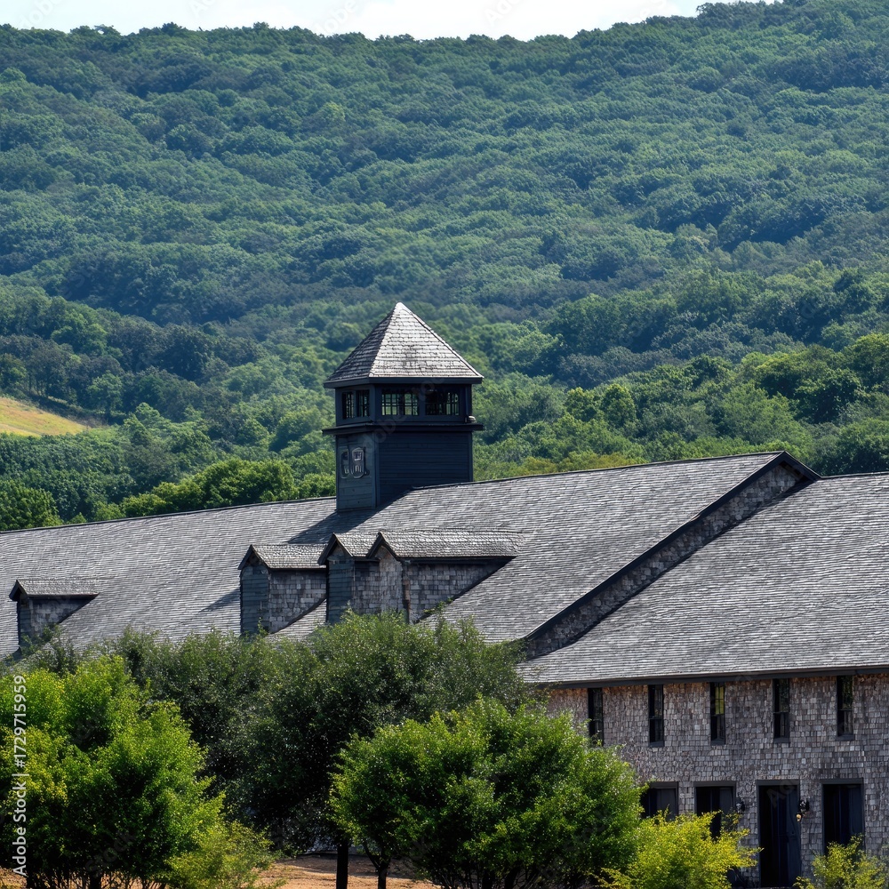Fototapeta premium A large stone building with a dark gray roof and a distinctive tower sits nestled amidst a lush green hillside.