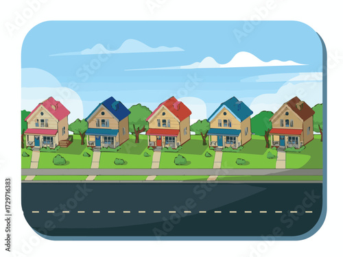 vector concept for suburban neighborhood with colorful houses and road under blue sky with clouds