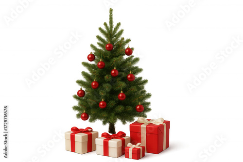 Christmas tree with red baubles and holiday gifts, celebrating season and giving presents on transparent background