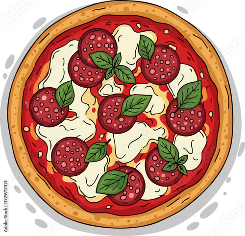 Fresh round pizza with tomato, cheese, olive, sausage, onion, basil. Traditional Italian fast food. Top view meal. Vector illustration