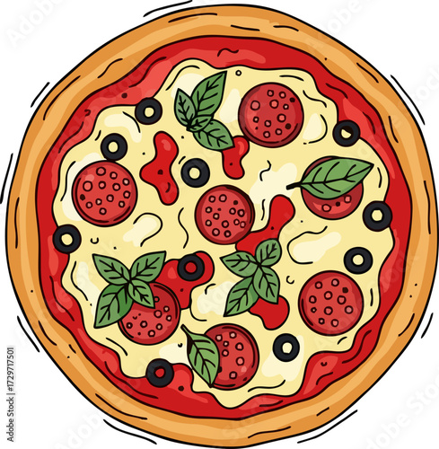 Fresh round pizza with tomato, cheese, olive, sausage, onion, basil. Traditional Italian fast food. Top view meal. Vector illustration