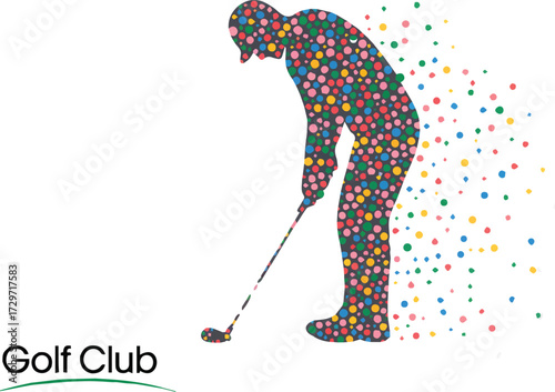 Golfer silhouette dissolving into colorful particles