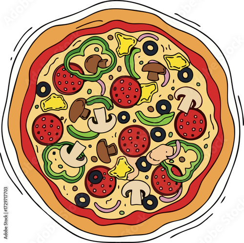 Fresh round pizza with tomato, cheese, olive, sausage, onion, basil. Traditional Italian fast food. Top view meal. Vector illustration