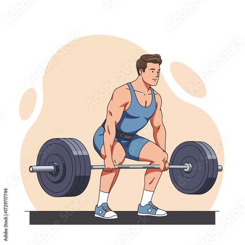 Vector Illustration of a Male Weightlifter in Modern Style with Blue Outfit and Barbell