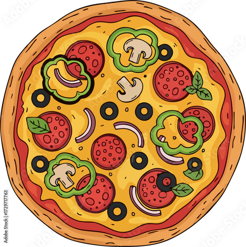 Fresh round pizza with tomato, cheese, olive, sausage, onion, basil. Traditional Italian fast food. Top view meal. Vector illustration