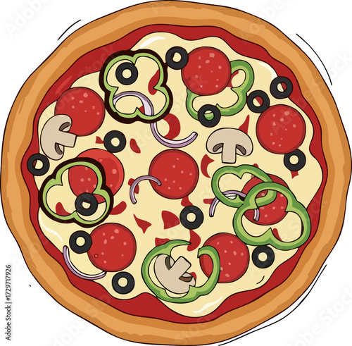 Fresh round pizza with tomato, cheese, olive, sausage, onion, basil. Traditional Italian fast food. Top view meal. Vector illustration