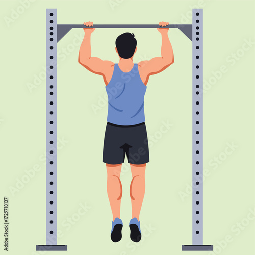 Minimalist Vector Illustration of a Man Performing Pull-Up Exercise in Modern Style with Blue and Black Colors