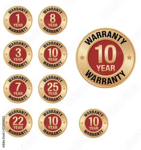 Collection of golden warranty seals with different year durations