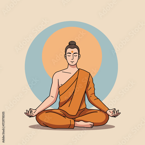 Minimalist Vector Illustration of Meditating Buddhist Monk in Orange Robe with Circular Background Style in Calm Neutral Tones
