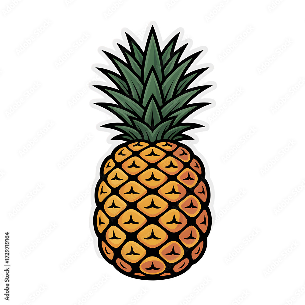 Fototapeta premium Stylized tropical pineapple with green spiky leaves on white background