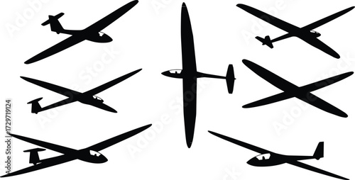 Glider airplane vector illustration, sailplane silhouette, aviation design, soaring aircraft, flight graphic, sport aviation, isolated air transport, aerodynamic flying machine.
