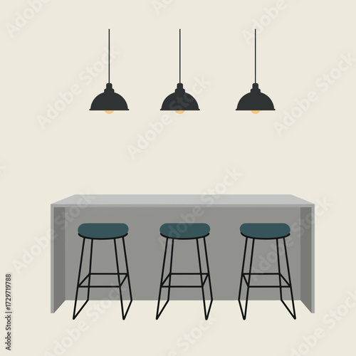 Minimalist Vector Illustration of Modern Kitchen Bar Area with Pendant Lighting and Bar Stools in Neutral Colors