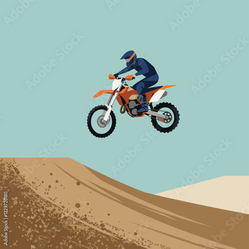 Vector Illustration of Motocross Rider Jumping in Modern Style with Vibrant Orange and Blue Colors