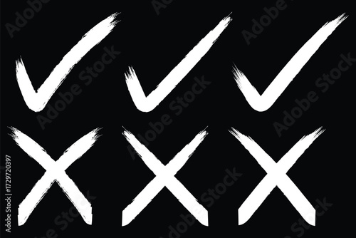 Check mark or tick mark and cross with brush signs, green check mark/OK and red X icons, symbols YES and NO button for vote, decision, election choice - vector. gunge brush checkmark eps 10.