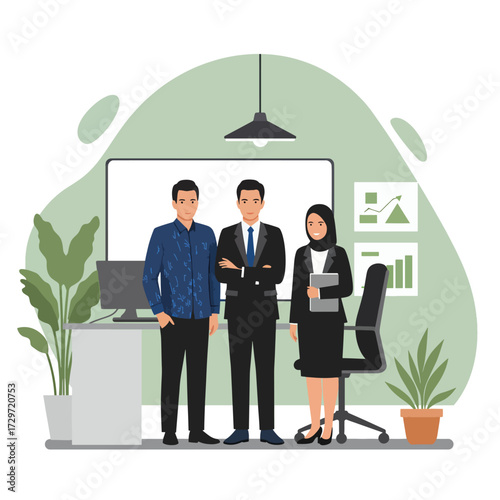 Vector Illustration of Business Professionals in Modern Office Scene in Flat Style with Green and Neutral Colors