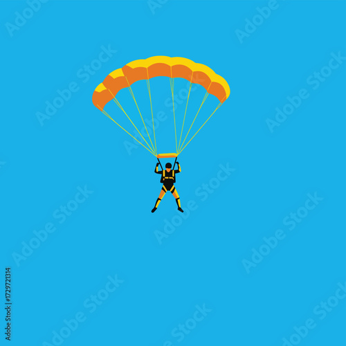 Minimalist Vector Illustration of Paratrooper Descending with Orange Yellow Parachute in Modern Style