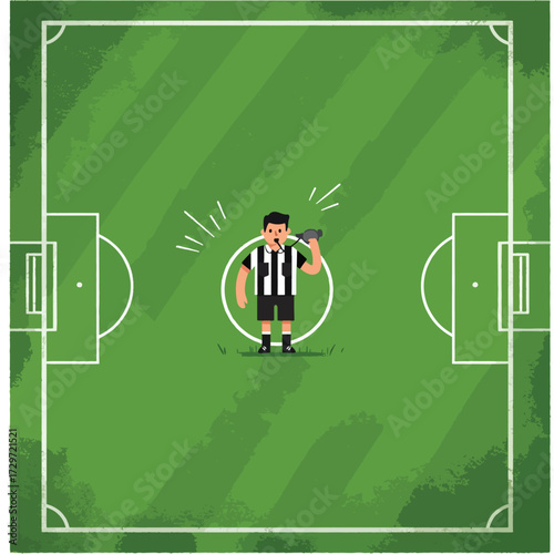 Vector Illustration of Soccer Referee on Field in Modern Flat Style with Green Grass Background