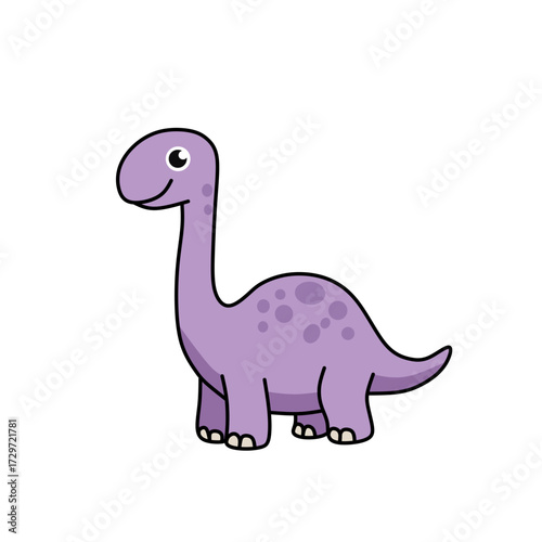 Cartoon Brontosaurus dinosaur illustration. Cute purple long neck dinosaur with friendly smile. Fun prehistoric animal design for kids, learning, and decoration