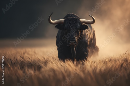 A fierce black bull emerges from a dust-filled wheat field, bathed in warm golden light, symbolizing strength and aggression.
