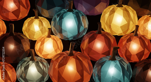 Colorful Low-Poly Pumpkins in Geometric Autumn Style