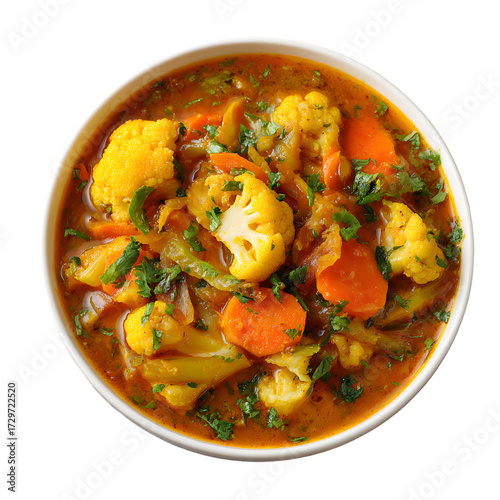 Traditional Indian mixed vegetable curry with cauliflower and carrots. Healthy vegan Sabzi dish in a white bowl, top view, isolated on black background.