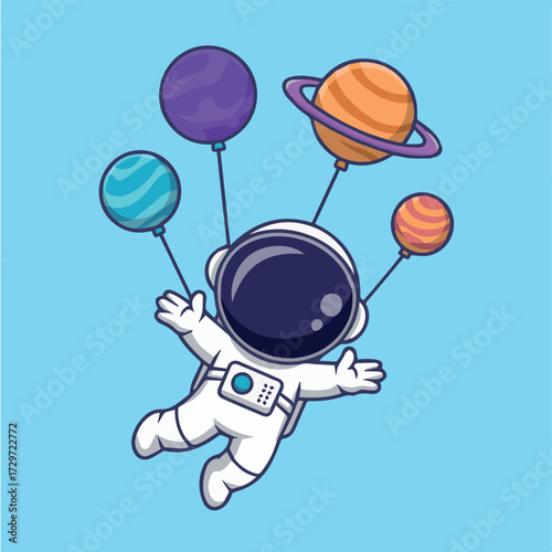 vector concept for astronaut floating in space with colorful planets and balloons in a whimsical illustration