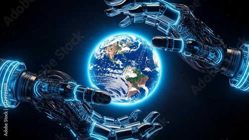 Robotic hands gently cradle glowing Earth in dynamic space video sequence, futuristic tech