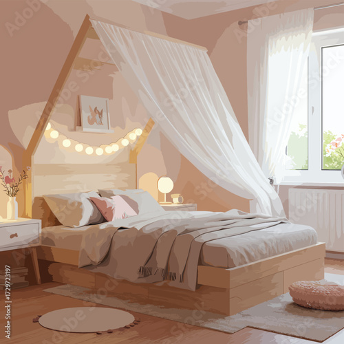 Vector Illustration of Cozy Bedroom Scene with Canopy Bed and Warm Lighting in Minimalist Style