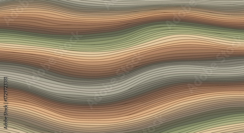 Wavy Abstract Pattern of Earth-Toned Horizontal Lines in Green, Red, Orange, and Beige on Neutral Background