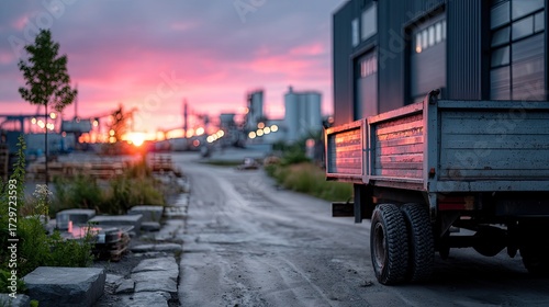 Old Mining Truck Cinematic HDR Industrial Setting Against Vivid Sunset Sky with Building Structures and Rough Terrain in Outdoor Environment