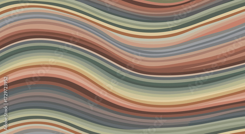 Wavy Abstract Pattern of Earth-Toned Horizontal Lines in Green, Red, Orange, and Beige on Neutral Background