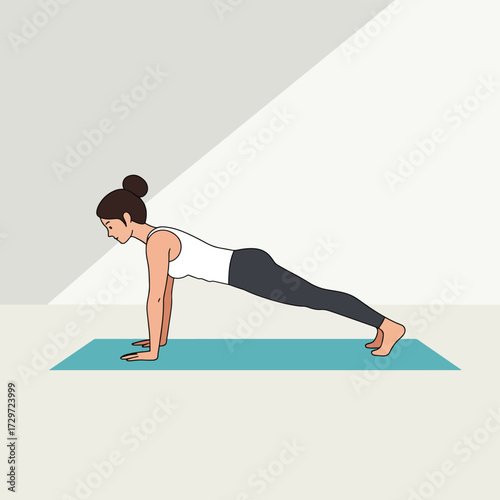 Minimalist Vector Illustration of Woman Doing Plank Exercise in Modern Style with Neutral Colors