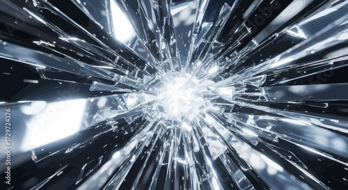 Explosive Shattered Glass Burst with Radiating Fragments and Central Light