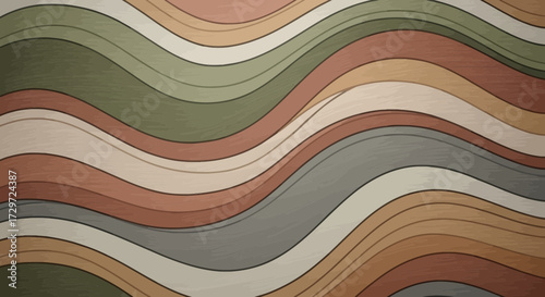 Wavy Abstract Pattern of Earth-Toned Horizontal Lines in Green, Red, Orange, and Beige on Neutral Background