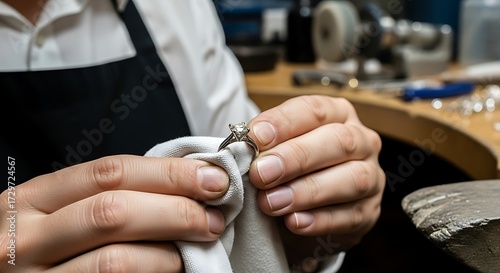 Jeweler polishing a ring with a cloth in a workshop.