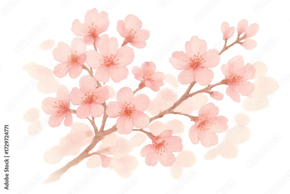 Obraz premium Pink sakura cherry blossom flowers on branch in watercolor style, transparent background, spring nature illustration