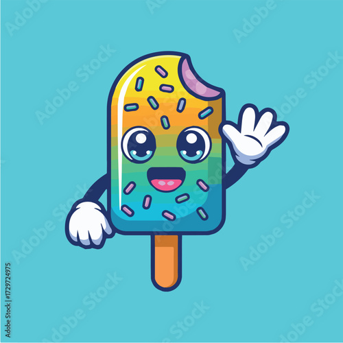 vector concept for colorful cartoon ice cream popsicle character with happy face and sprinkles on a blue background for summer fun and treats