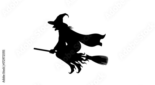 Witch flying on broom silhouette isolated on white background halloween