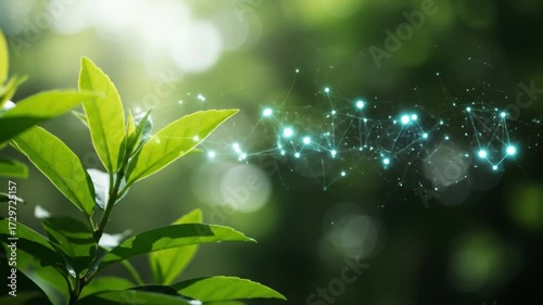 Vibrant green leaves unfurl beneath a glowing digital network, symbolizing growth and innovation in nature and technology