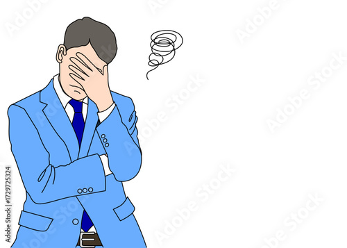 肩を落として悩む 考え込むサラリーマン男性のイラスト 上半身正面 青色 カラー
