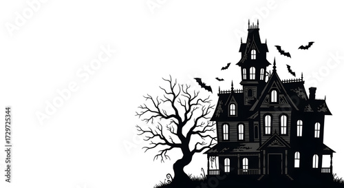 Haunted house with bare tree silhouette isolated on white halloween spooky