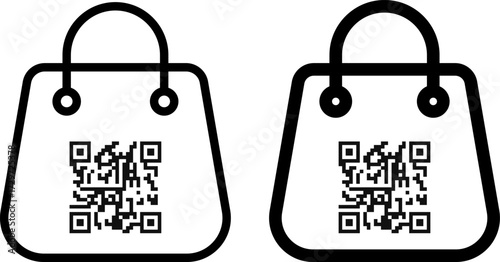 Shopping bag icon with qr code symbol. Shop bag with qr code scanning