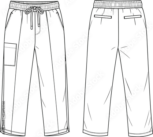 Men’s casual pants technical flat sketch, cad drawing, vector illustration, elastic waistband, pocket design, front back view, fashion garment template