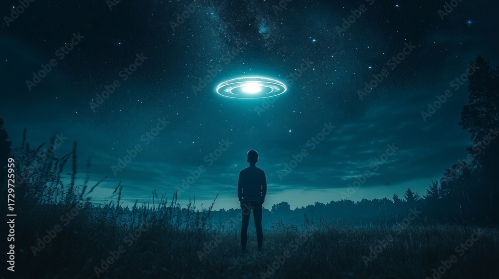 Obraz premium Lone figure standing under the night sky, gazing at a glowing unidentified flying object hovering in the distance, mystery, extraterrestrial presence, cosmic exploration, human curiosity beyond Earth.