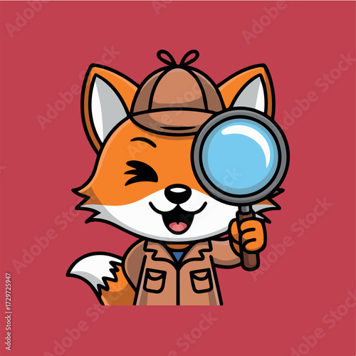 vector concept for cartoon detective fox character with magnifying glass in hand dressed as investigator or private eye