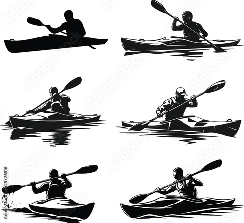 Kayak silhouettes with paddlers in action, adventure water sport vector illustration, canoeing and rowing design, outdoor activity, Adobe Stock.