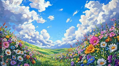 Colorful Wildflower Meadow under Bright Blue Sky with Clouds