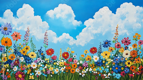 Vibrant Floral Meadow with Colorful Flowers under Blue Sky